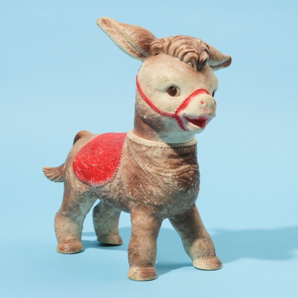 Vintage large squeak toy doll Sun Rubber Co donkey red saddle swivel head 60s - Picture 8 of 10